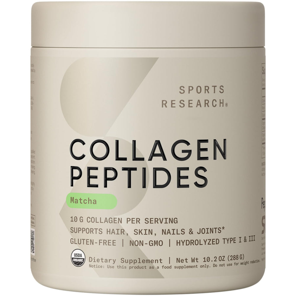 Sports Research premium collagen peptides and organic matcha powder jar for daily shakes