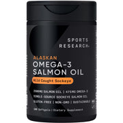 Sports Research Salmon Oil bottle front view highlighting wild Alaskan sourcing and omega-3 benefits