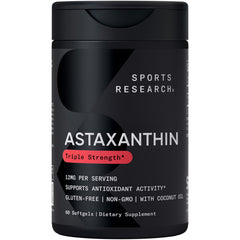 Sports Research triple-strength astaxanthin bottle, showcasing potent antioxidant support.