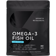 Sports Research triple-strength omega-3 bottle with burpless capsules for daily use