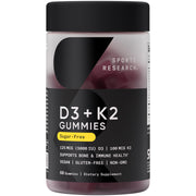 Sports Research vegan D3 + K2 gummies bottle shows sugar-free formula for daily wellness