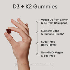 Sports Research vegan D3 + K2 gummies jar close-up with 60 gummies and daily use