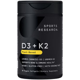 Sports Research vegan D3 K2 softgel bottle highlighting plant-based calcium support.