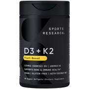 Sports Research vegan D3 K2 softgel bottle highlighting plant-based calcium support.