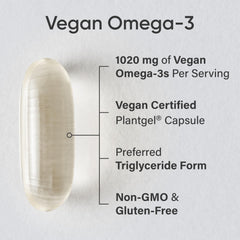 Sports Research vegan omega-3 algae oil softgels packaging front emphasizes plant-based, carrageenan-free nutrition