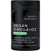 Sports Research vegan omega-3 with D3 softgels bottle highlighting plant-based EPA/DHA.