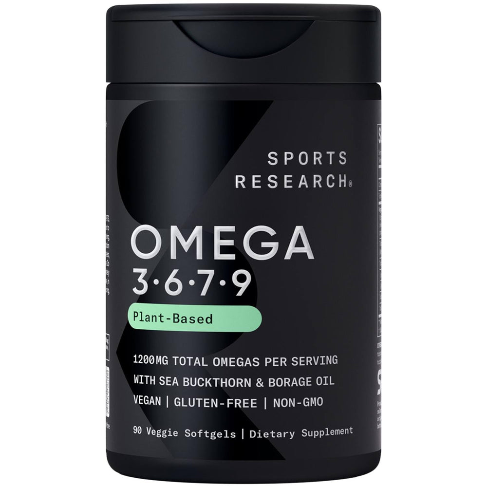 Sports Research Vegan Omega softgel bottle for easy daily omega support.