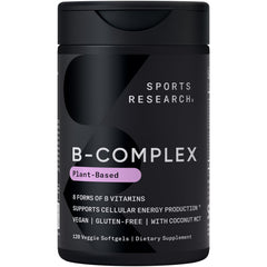 Sports Research Vitamin B-Complex bottle label shows full B vitamin spectrum for daily support.