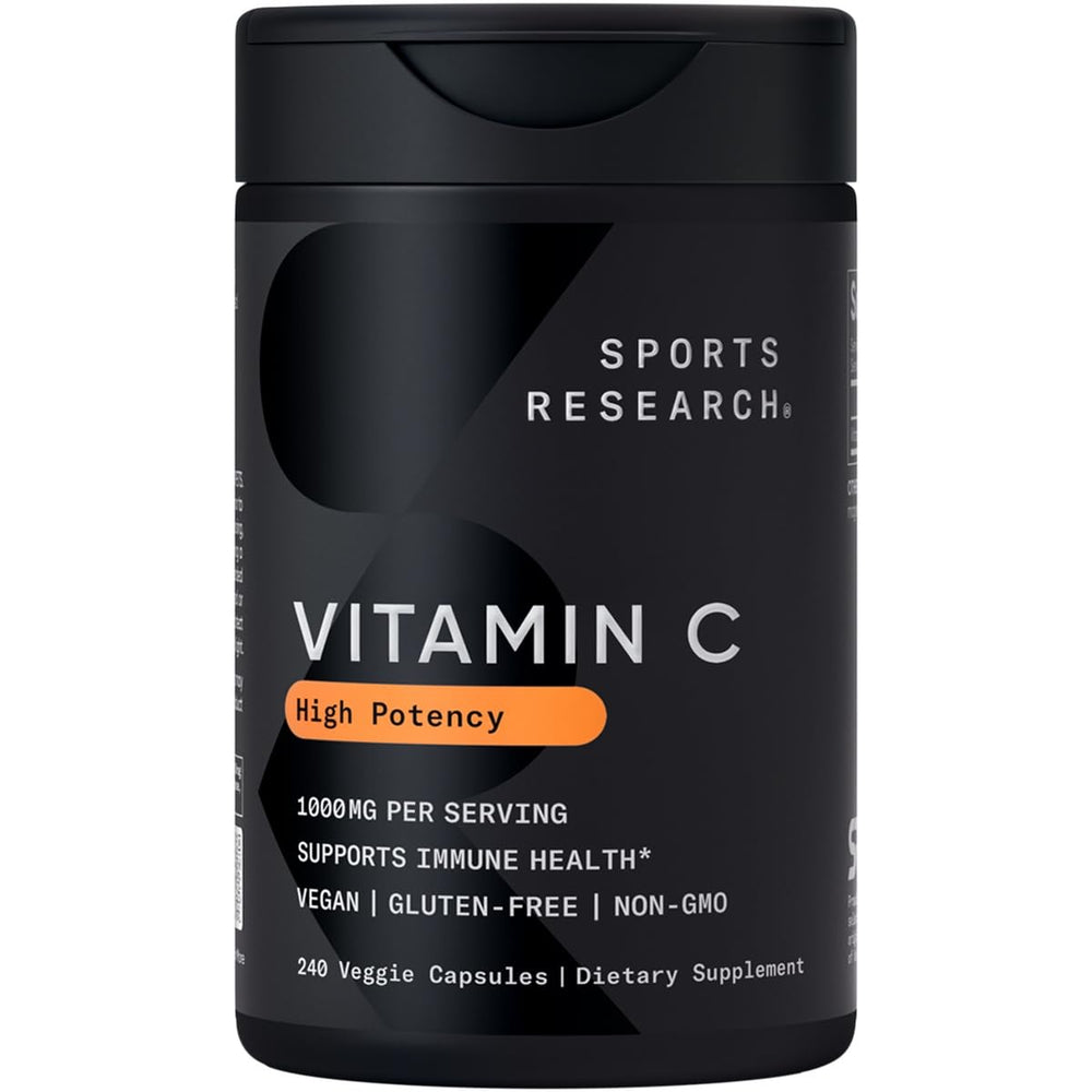 Sports Research vitamin C bottle supports daily immune health.
