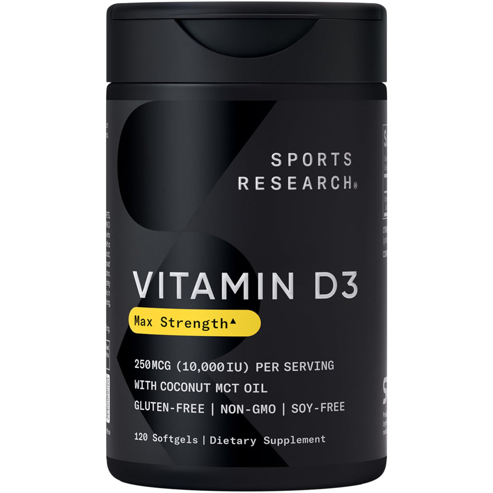Sports Research Vitamin D3 bottle with 120 softgels for daily immune and bone support.