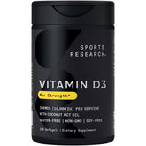 Sports Research Vitamin D3 bottle with 120 softgels for daily immune and bone support.