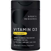 Sports Research Vitamin D3 bottle with 120 softgels for daily immune and bone support.