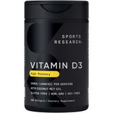 Sports Research Vitamin D3 bottle front view, highlighting 1000 IU potency for daily wellness.