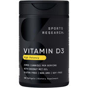 Sports Research Vitamin D3 bottle front view, highlighting 1000 IU potency for daily wellness.