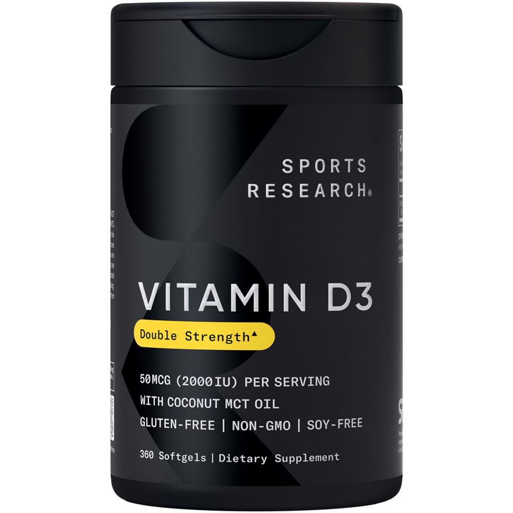 Sports Research Vitamin D3 bottle with compact softgels for easy daily use