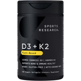 Sports Research Vitamin D3 + K2 vegan softgels bottle front, signaling bone and immune support.