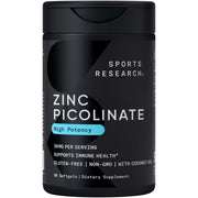 Sports Research zinc picolinate bottle with 30 mg softgels for daily wellness.