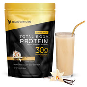 SPR BODY Transformation Protein bottle front showing vanilla flavor and clean ingredients