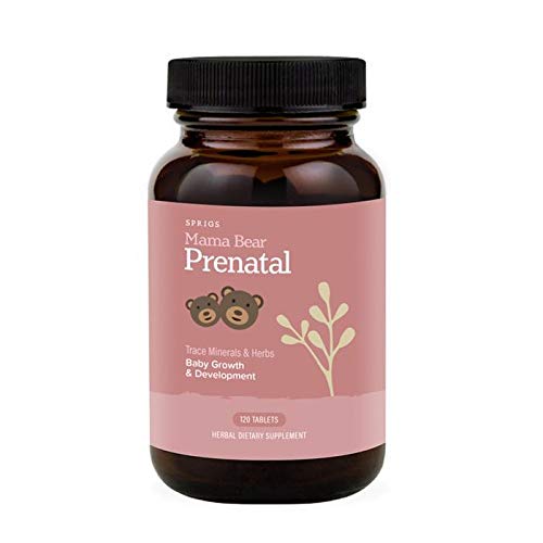 Sprigs Mama Bear Prenatal bottle displaying organic capsules for daily prenatal support.