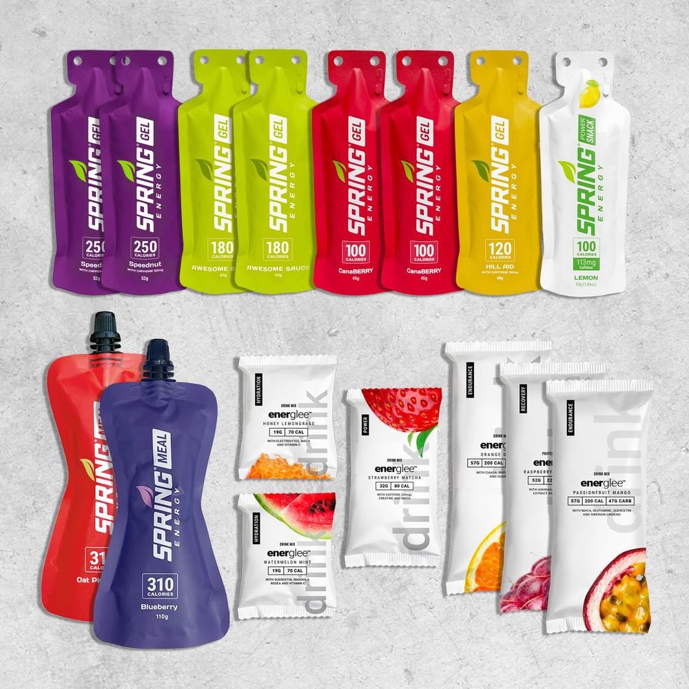 SPRING Energlee multipack overview showcasing real-food race fuel for steady energy