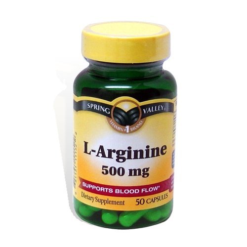 Spring Valley L-Arginine bottle with 50 capsules supports blood flow and muscular circulation.