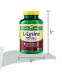 Spring Valley L-Lysine 1000mg tablets close-up showing high potency per tablet.