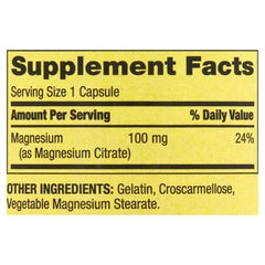 Etiquetas claras de Spring Valley Magnesio Citrato con dosis de 100 mg por cápsula.