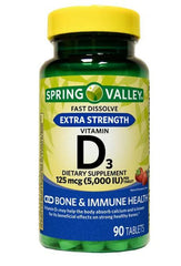 Spring Valley Vitamin D3 fast dissolve bottle open shows strawberry flavored tablets for daily use.