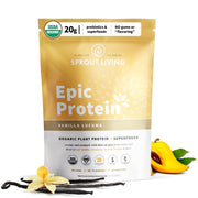 Sprout Living Epic Protein vanilla lucuma bottle shows creamy plant protein for busy mornings.