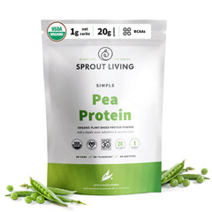 Sprout Living pea protein powder bag front, unflavored and versatile for smoothies