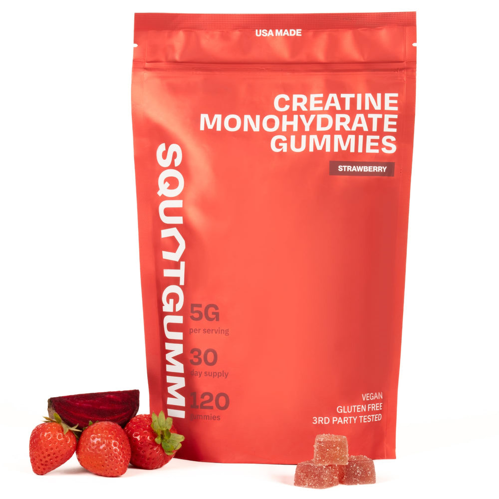 SquatGummi Creatine Gummies bottle front with 120 gummies for daily workouts.