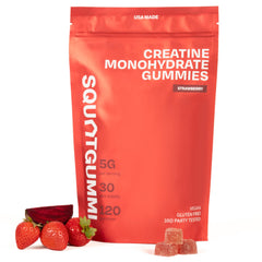 SquatGummi Creatine Gummies bottle front with 120 gummies for daily workouts.
