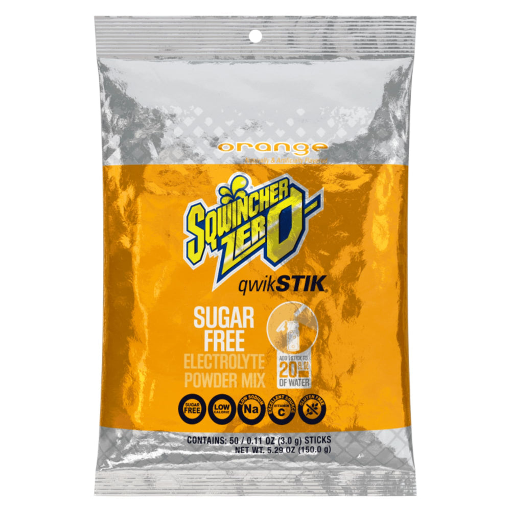 Sqwincher Zero Qwik Stik orange packaging for convenient on-the-go hydration.