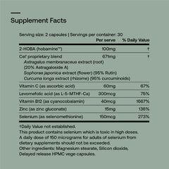 SRW Cel¹ Stability bottle label featuring 2-HOBA and telomere-supporting ingredients