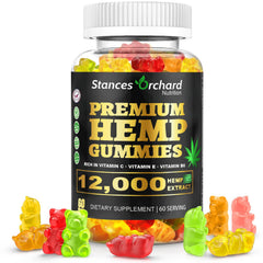 Stances Orchard hemp gummies bottle illustrates a high-potency daily relaxation routine.