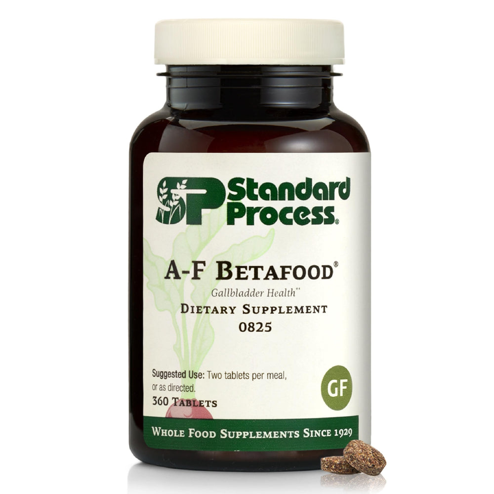 Standard Process A-F Betafood bottle with capsules for gallbladder support.