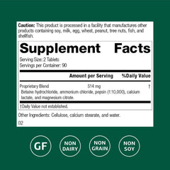 Standard Process Betaine Hydrochloride bottle label highlighting gluten-free, dairy-free, soy-free formulation.