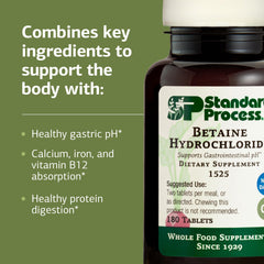 Standard Process Betaine Hydrochloride with meals for protein digestion assistance.