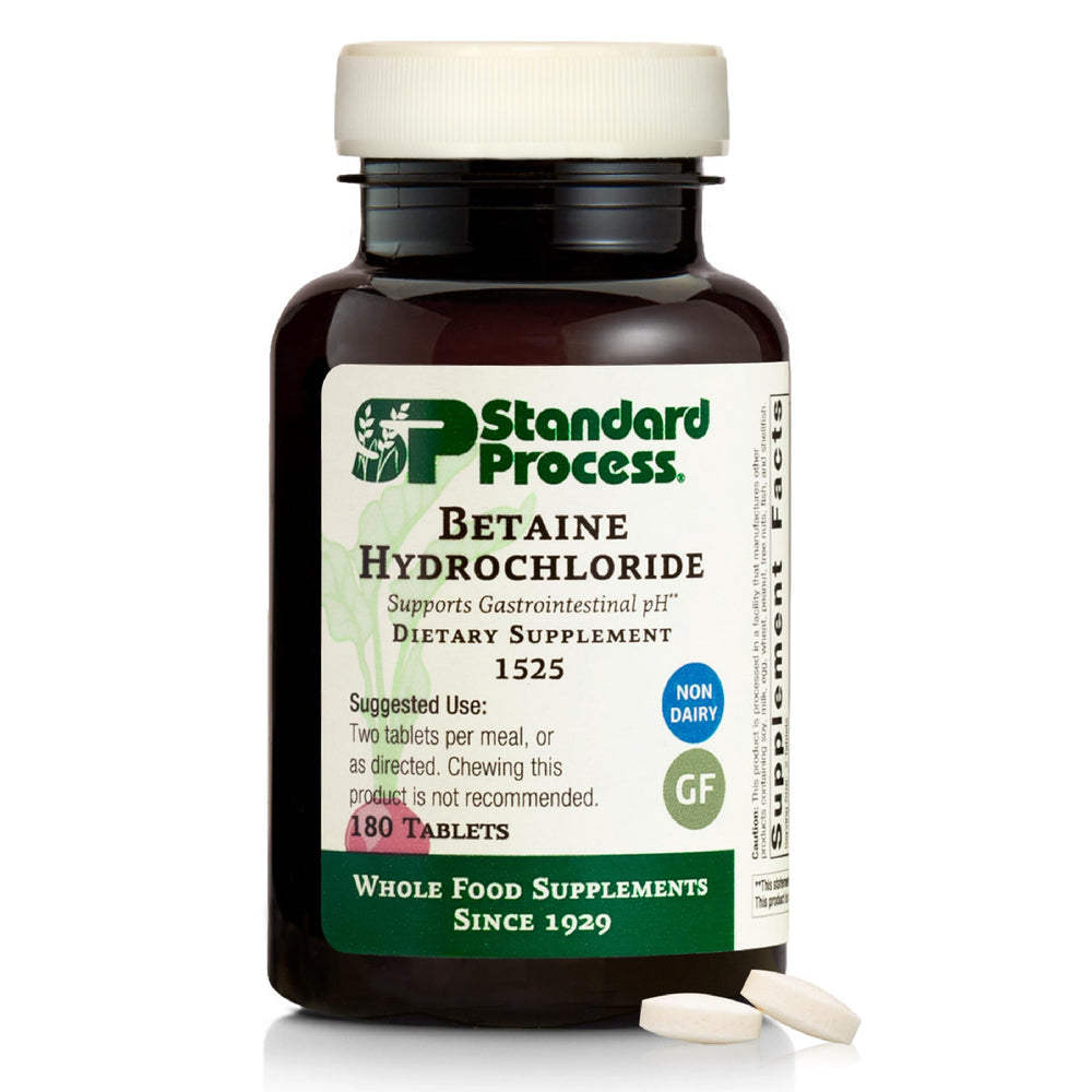 Standard Process Betaine Hydrochloride tablet close-up supporting digestive pH.