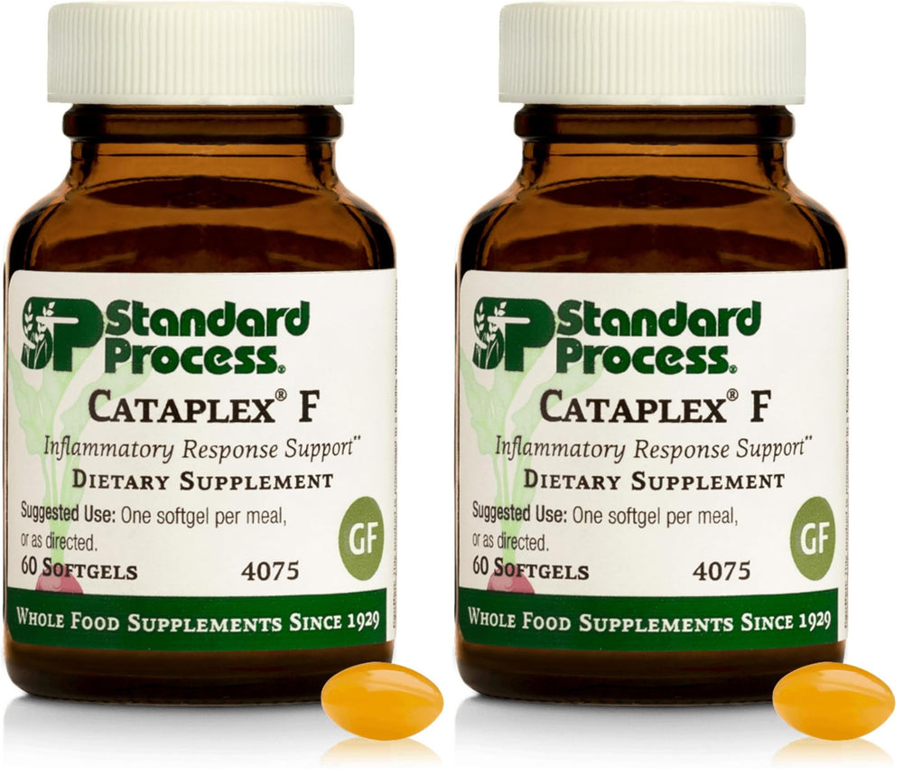 Standard Process Cataplex F bottle front highlights a plant-based formulation and metabolism support.