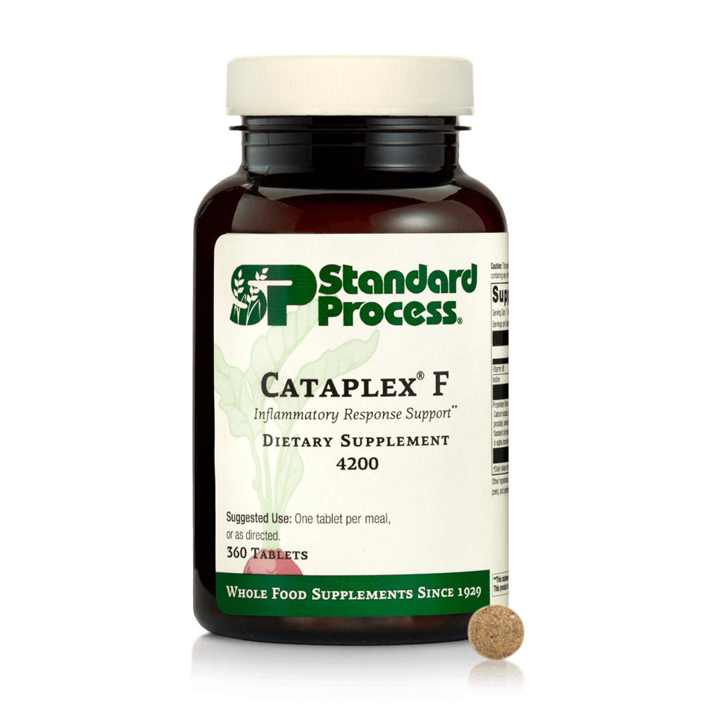 Standard Process Cataplex F bottle front view highlighting the 90 tablets for thyroid support.