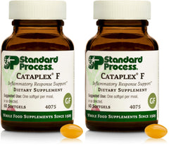 Standard Process Cataplex F bottle front highlights a plant-based formulation and metabolism support.