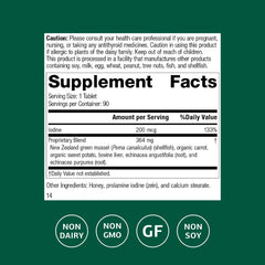 Standard Process Iodomere bottle back label highlights gluten-free, non-dairy, non-soy formula.