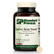Standard Process Lactic Acid Yeast bottle front with vegan gut support messaging.