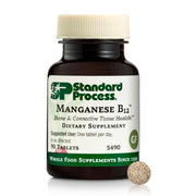 Standard Process Manganese B12 bottle label highlights minerals and whole-food nutrition for daily support.