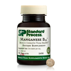 Standard Process Manganese B12 bottle label highlights minerals and whole-food nutrition for daily support.