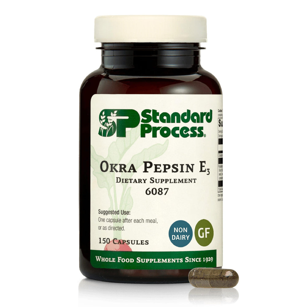 Standard Process Okra Pepsin E3 bottle front view signaling digestive support.