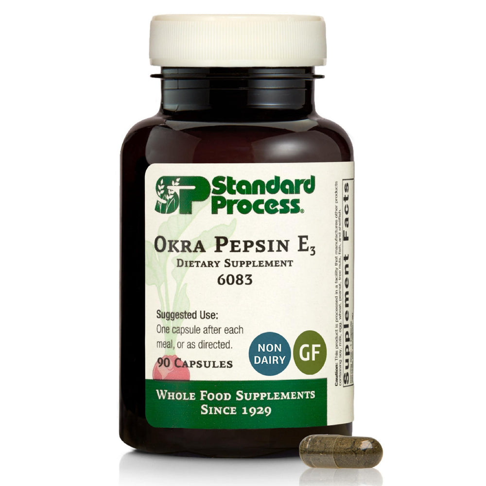 Standard Process Okra Pepsin E3 bottle label highlights digestion support.