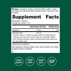 Standard Process Okra Pepsin E3 label shows gluten-free and dairy-free suitability for sensitive diets.
