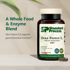 Okra Pepsin E3 capsules close-up, showcasing convenient daily use as a digestive aid.